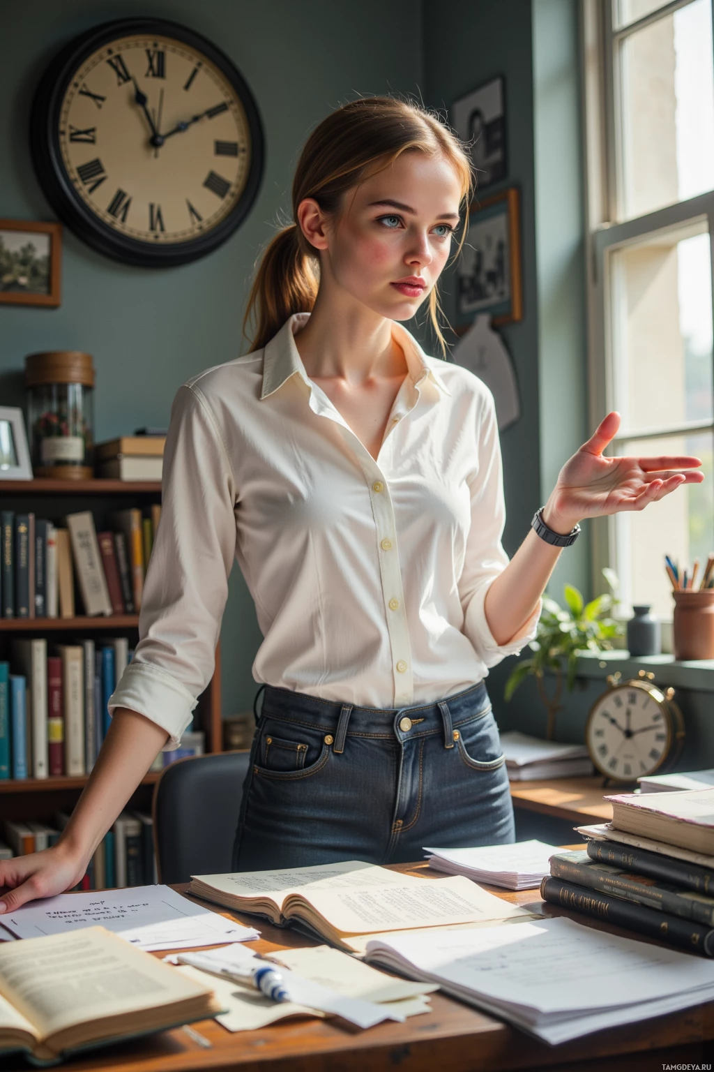 A woman in a white shirt and jeans stands at a desk with books and papers, gesturing with her hand.