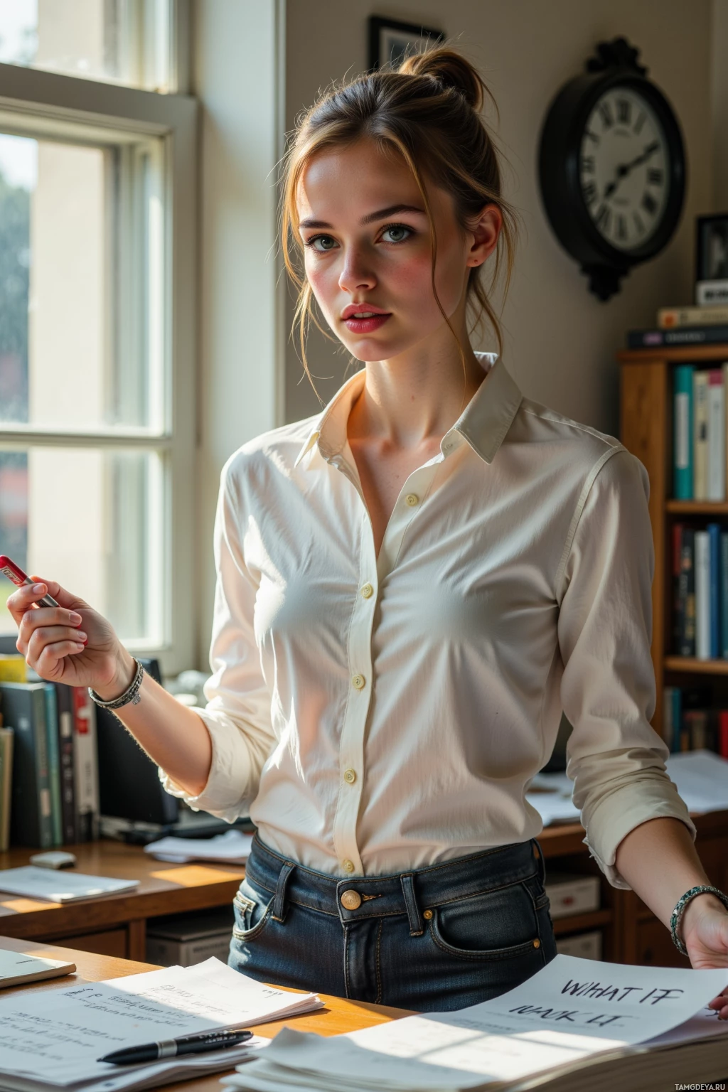 A woman in a white shirt and jeans stands at a desk with papers and a clock in the background.