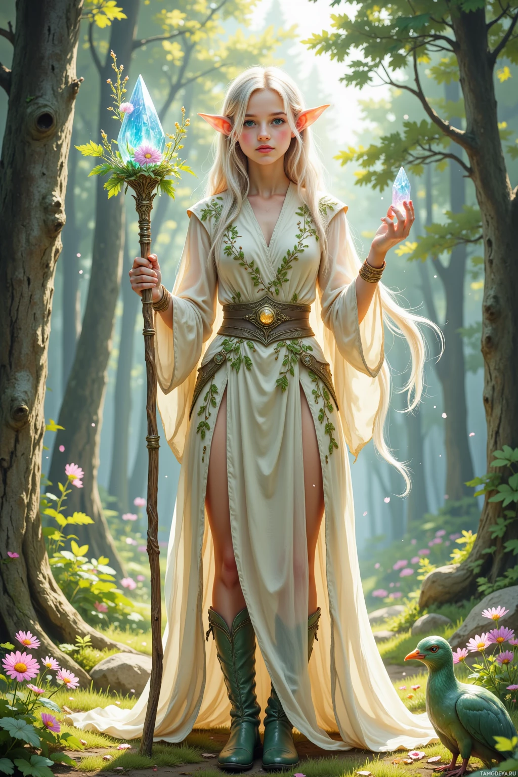 A woman in a flowing white gown with greenery details holds a staff and a glowing crystal, standing in a forest with a green bird nearby.