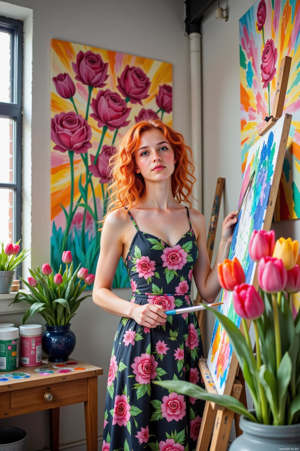 A woman in a floral dress stands in an art studio, holding a paintbrush near an easel with colorful paintings.