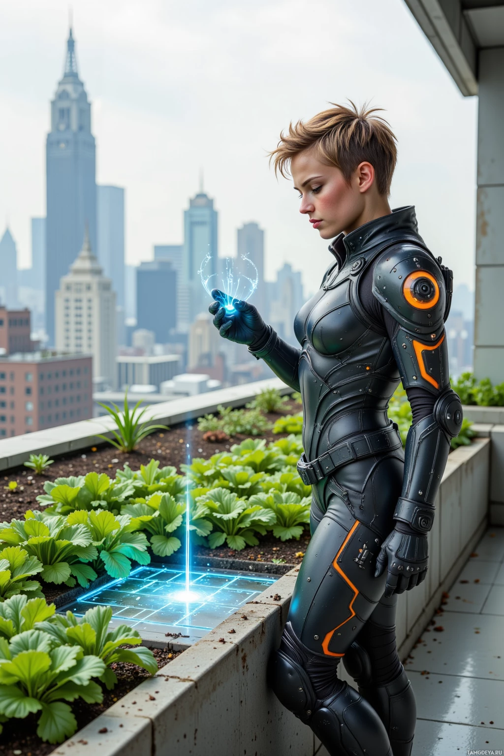 A person in futuristic armor stands on a rooftop with a cityscape in the background, holding a glowing object.