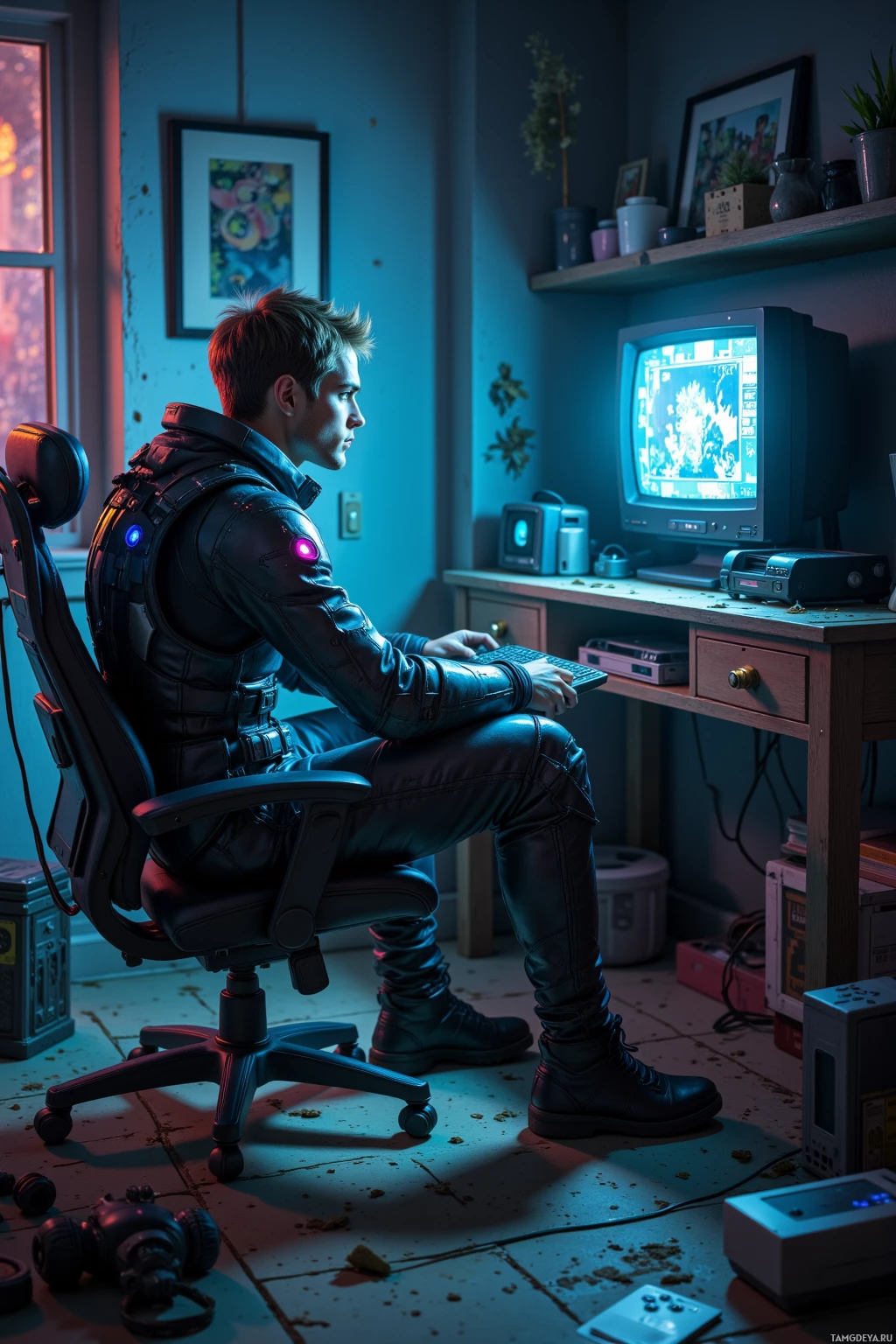 A person in a futuristic outfit sits at a desk, working on an old computer in a dimly lit room.