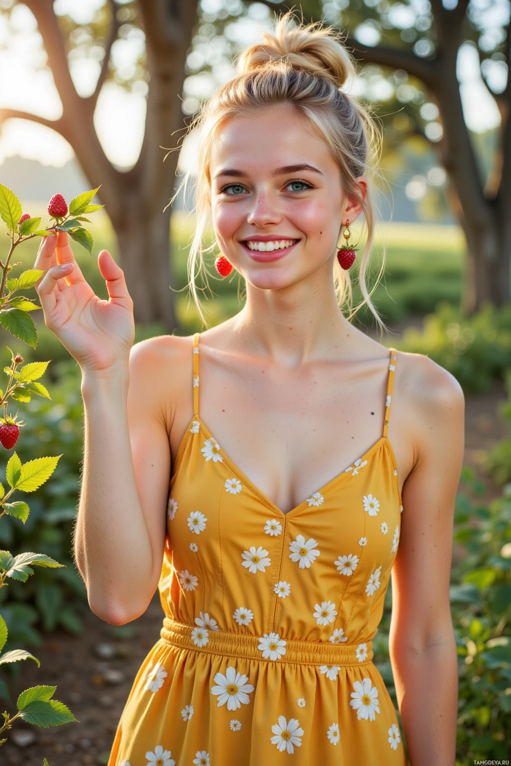 A young woman in a yellow floral dress smiles while holding a raspberry.