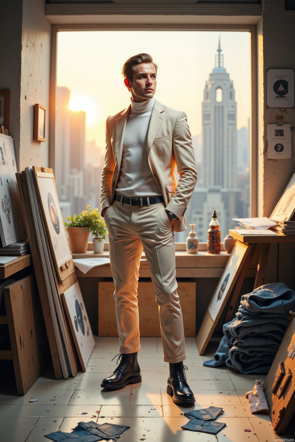 A man in a beige suit stands in a room with a cityscape view through a window.