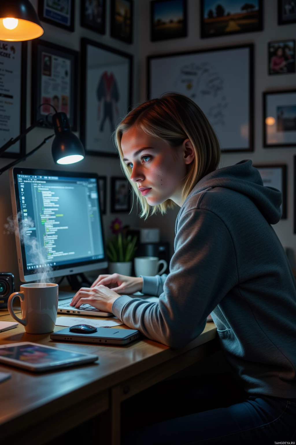 A person is working at a desk with a computer displaying code, surrounded by framed pictures and a lamp.