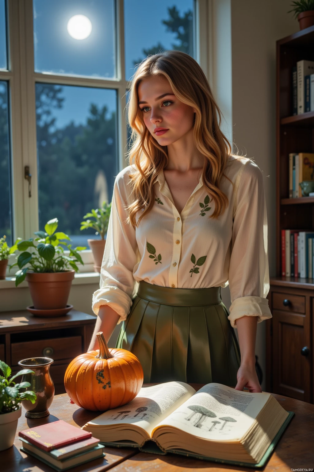 A woman stands by a window with a pumpkin and an open book on a table.