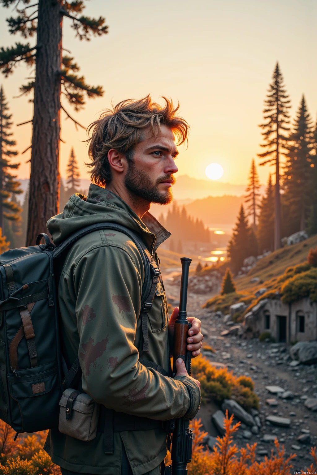 A man with a backpack and rifle stands in a mountainous landscape at sunset.