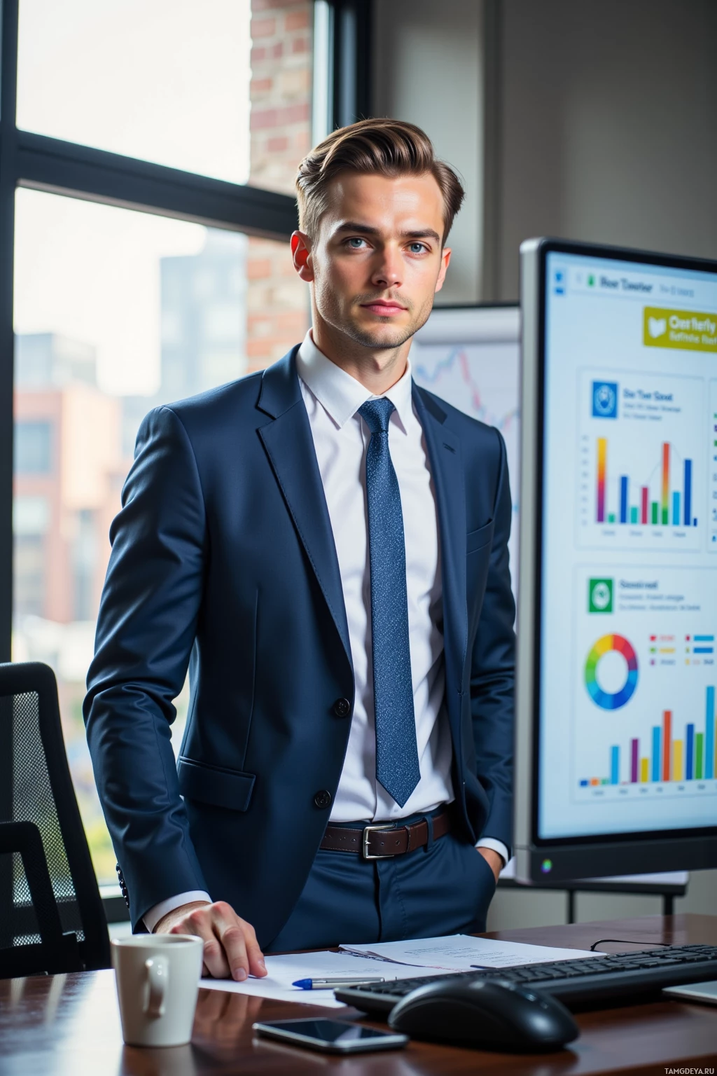 A man in a suit stands in an office with a computer monitor displaying graphs and charts.