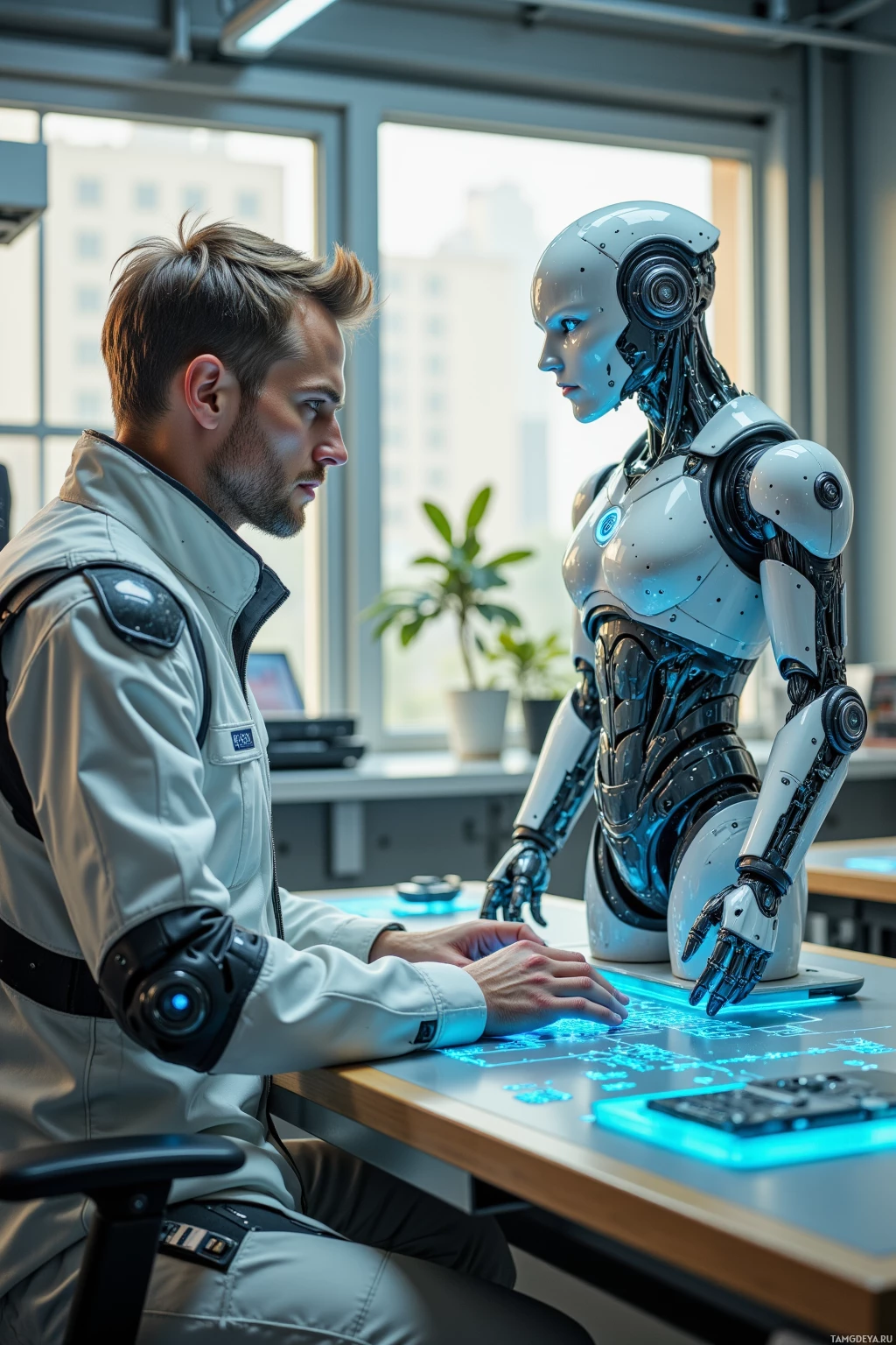 A man and a humanoid robot interact at a desk with a futuristic interface.