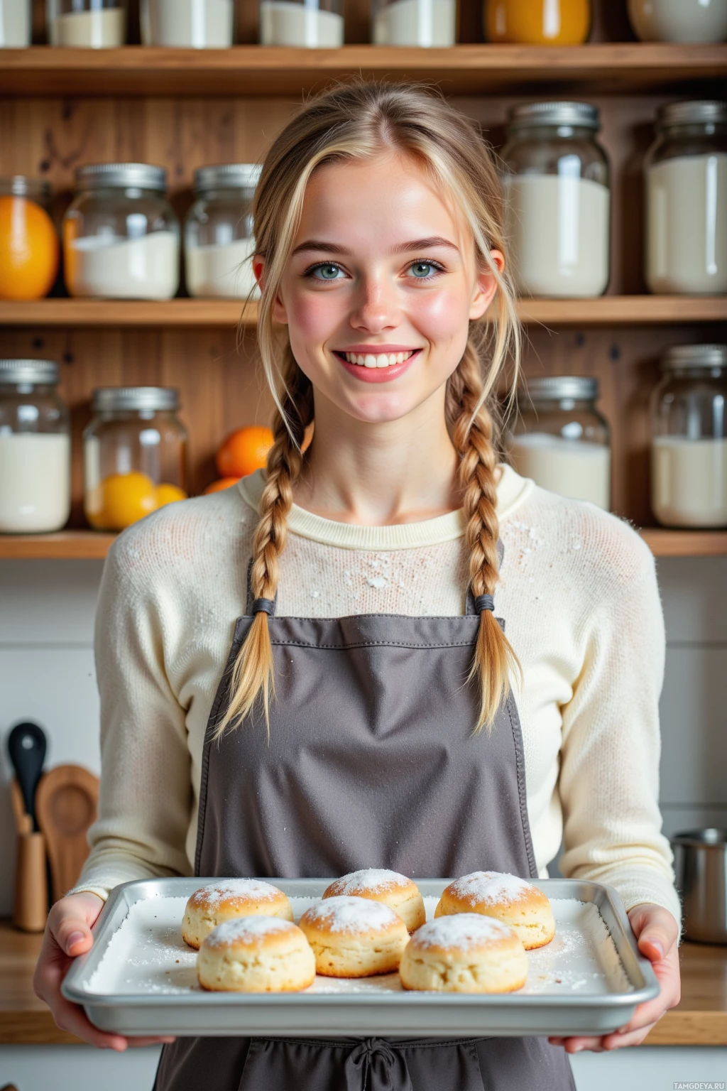 A person wearing an apron holds a tray of powdered sugar-coated pastries.