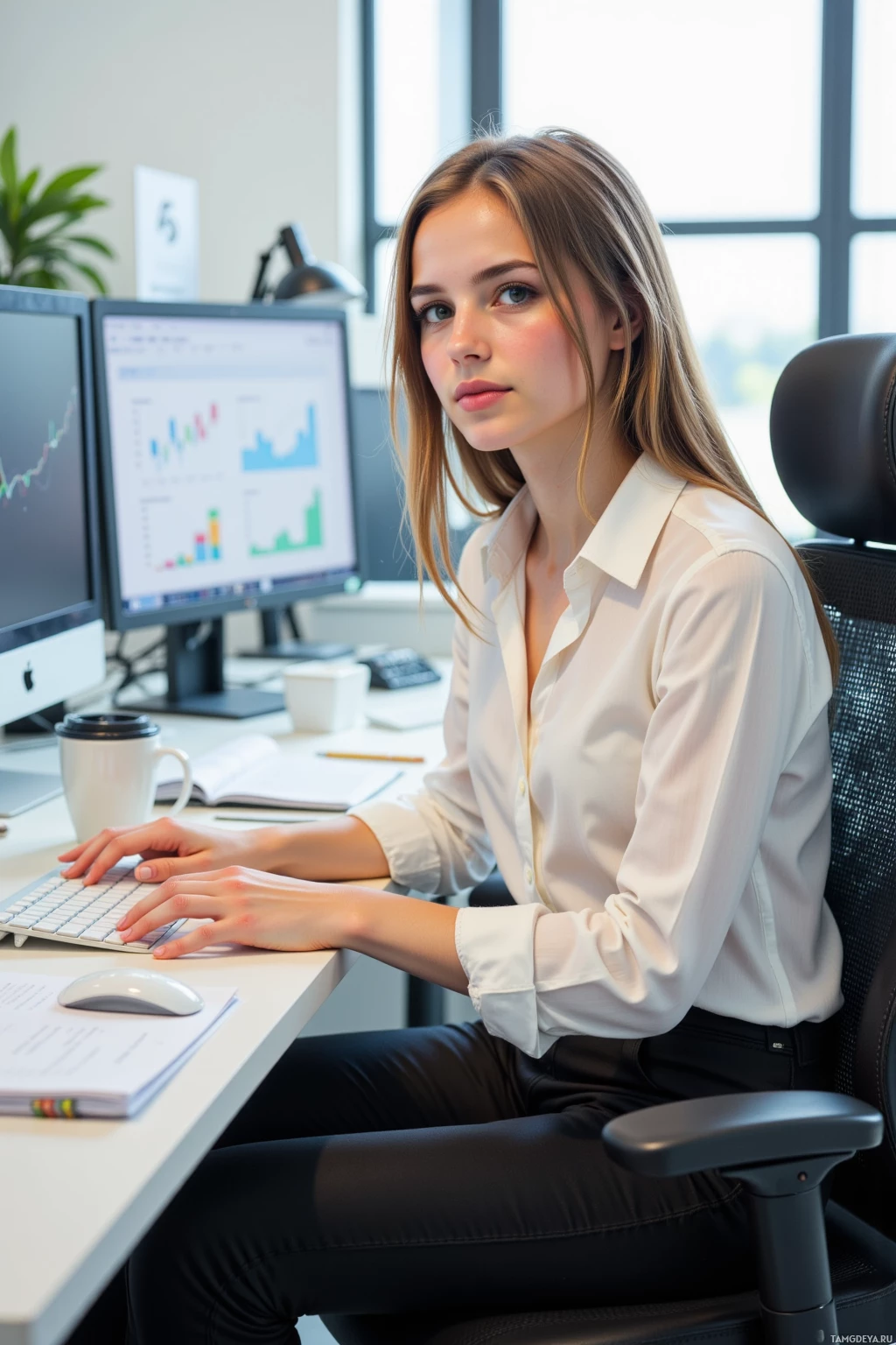 A woman in a white shirt sits at a desk working on a computer.