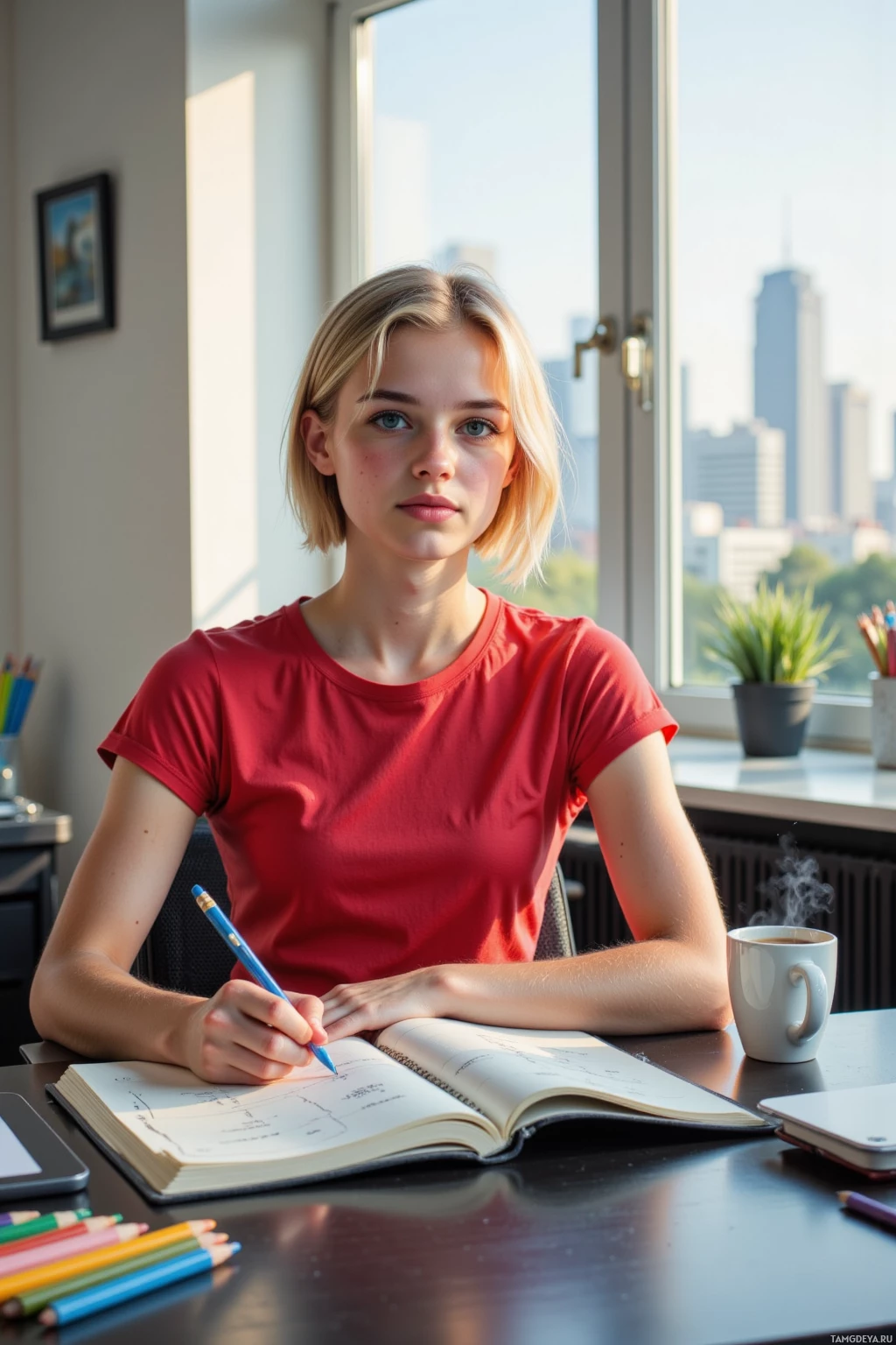 A young person in a red shirt is sitting at a desk, writing in a notebook with a blue pen.