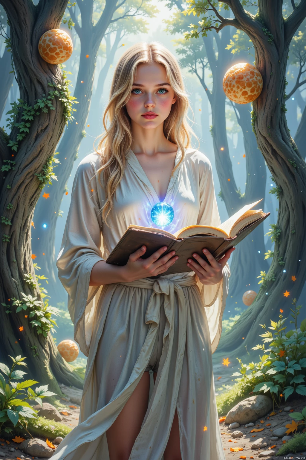 A woman in a flowing robe holds an open book amidst a magical forest setting.