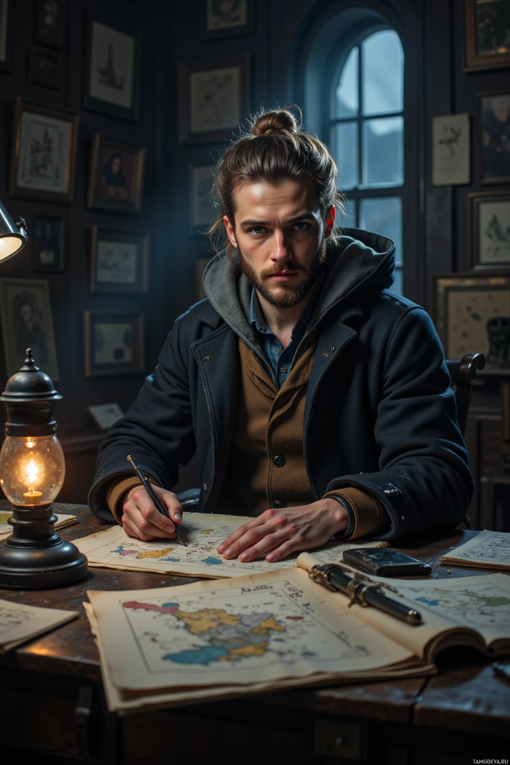A man sits at a desk with a map and a lit lamp, surrounded by framed pictures on the wall.