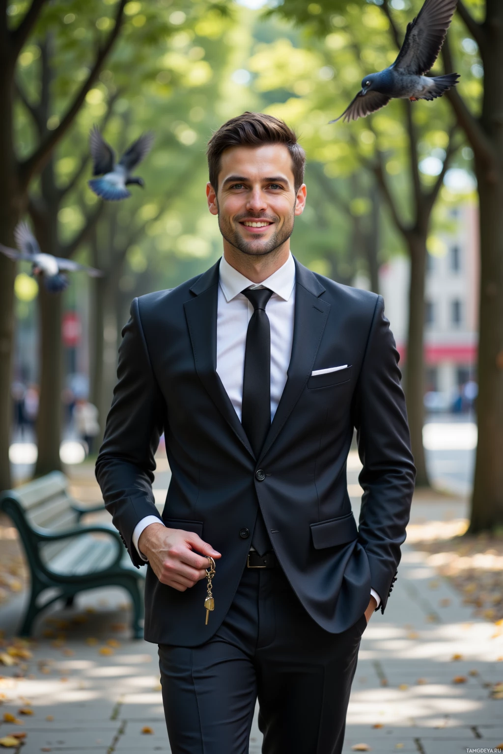 A man in a suit stands outdoors with pigeons flying around him.