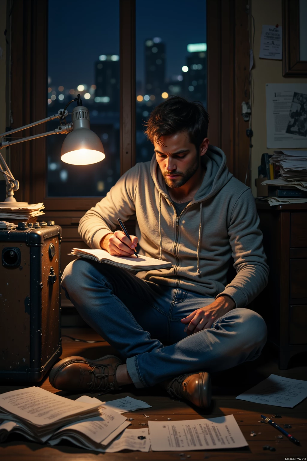A man sits on the floor by a desk, writing in a notebook under a desk lamp with a cityscape visible through the window behind him.