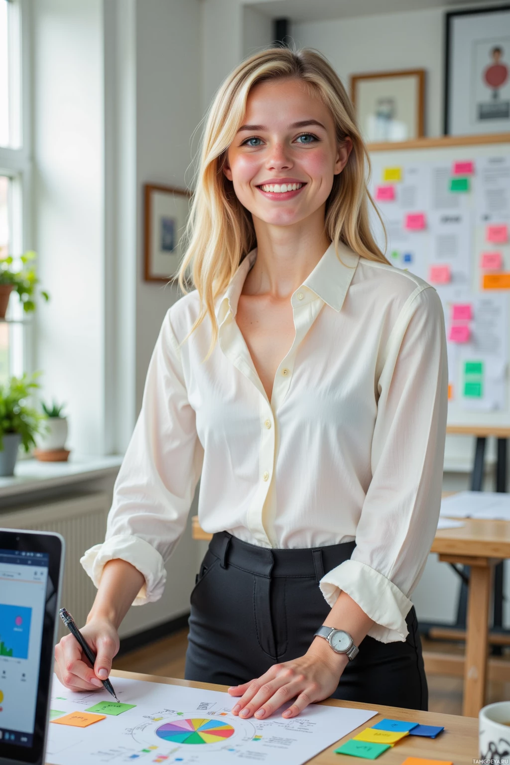 A woman in a professional setting smiles while working at a desk with charts and notes.