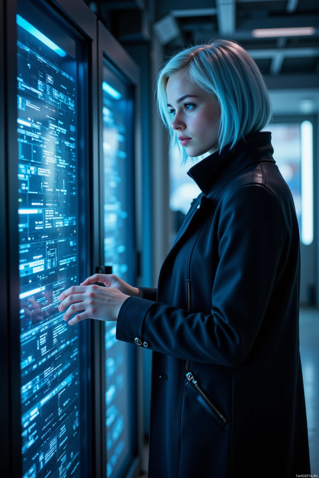 A person in a black coat stands in front of a large digital display, interacting with it.