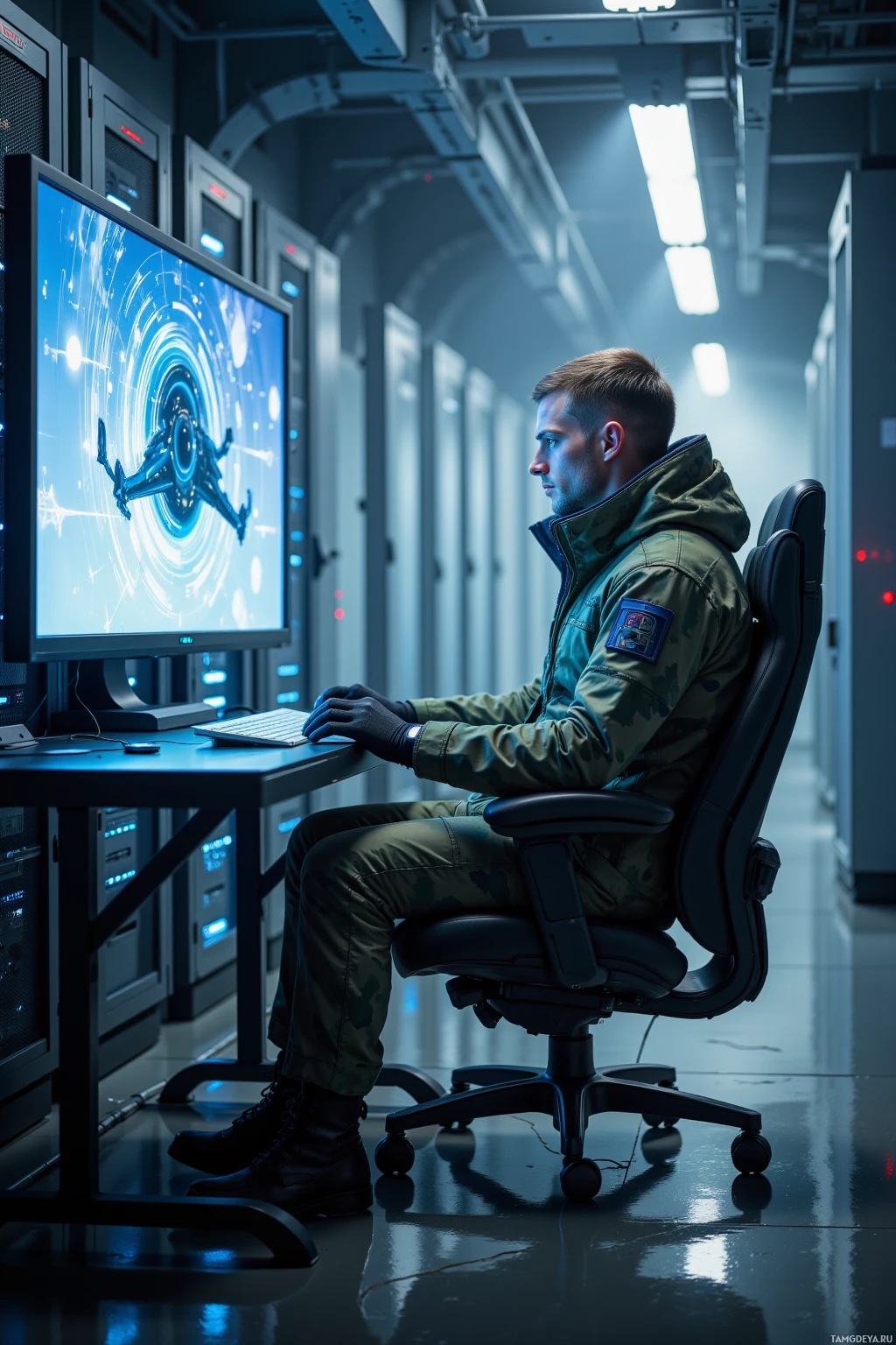 A person in a military uniform sits at a desk in a high-tech room, working on a computer.