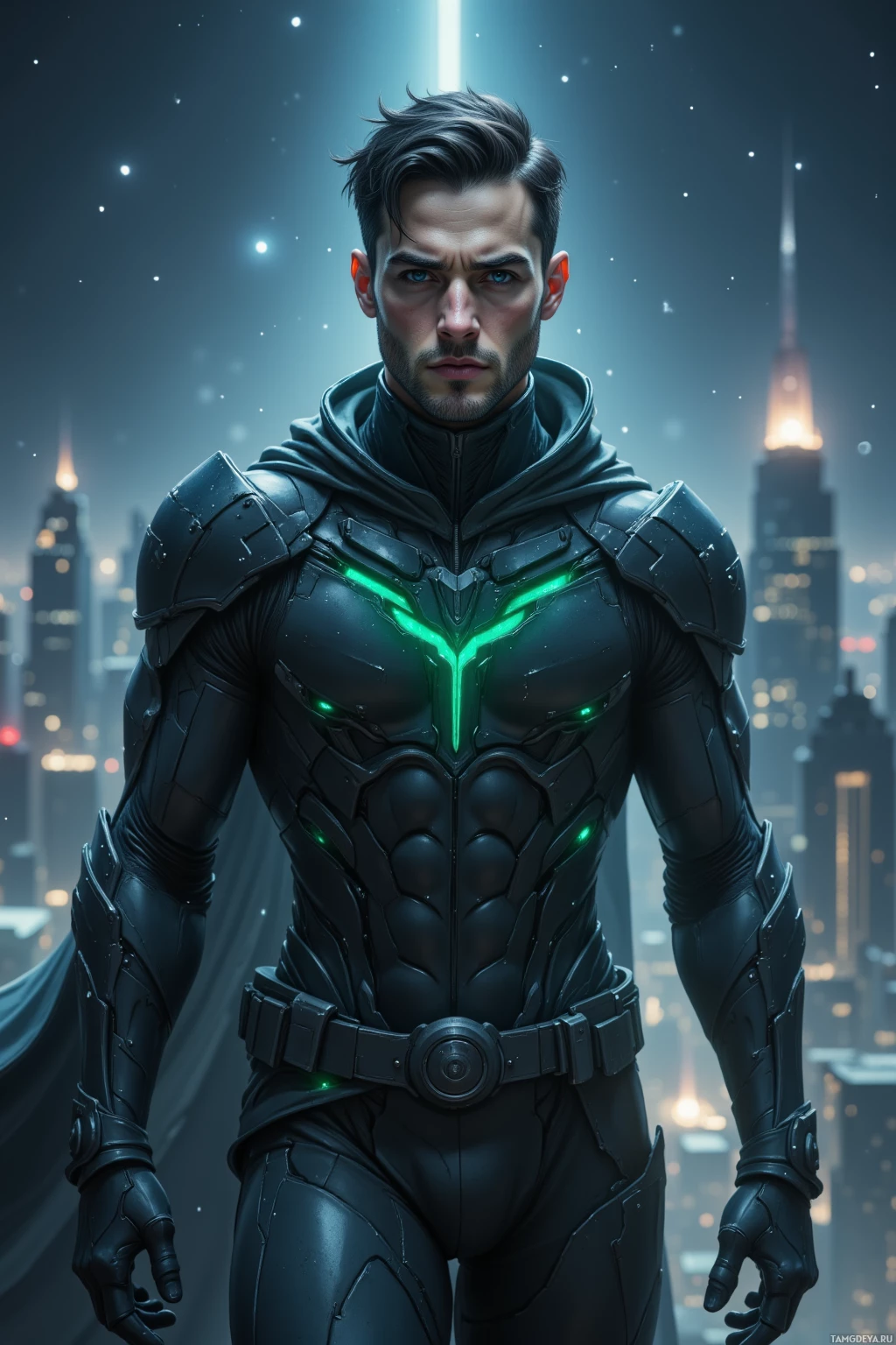 A futuristic armored figure stands against a cityscape backdrop.