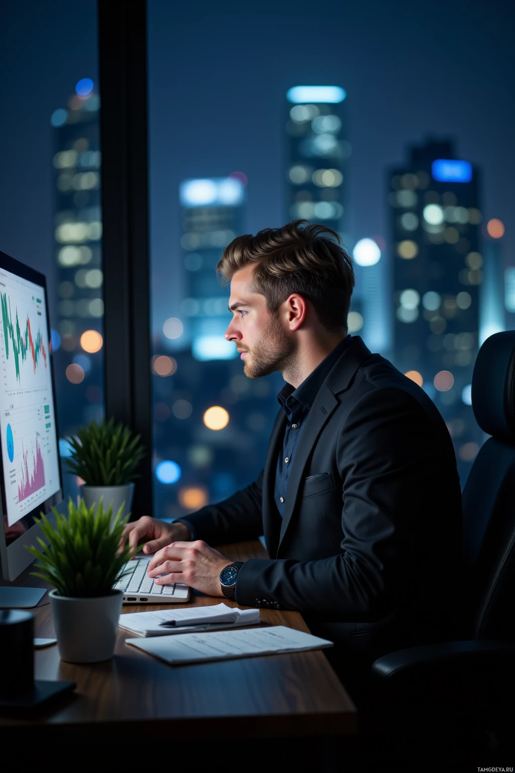 A man in a suit works at a desk with a computer, surrounded by a cityscape at night.