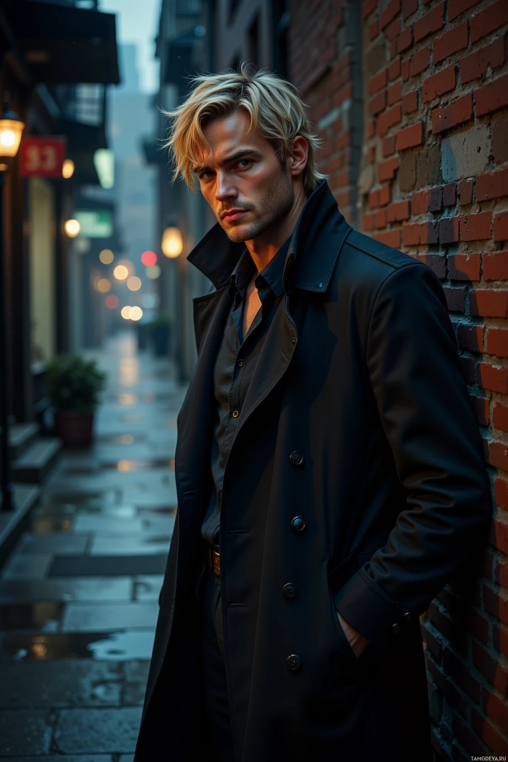 A man in a black trench coat stands against a brick wall in a dimly lit alleyway.