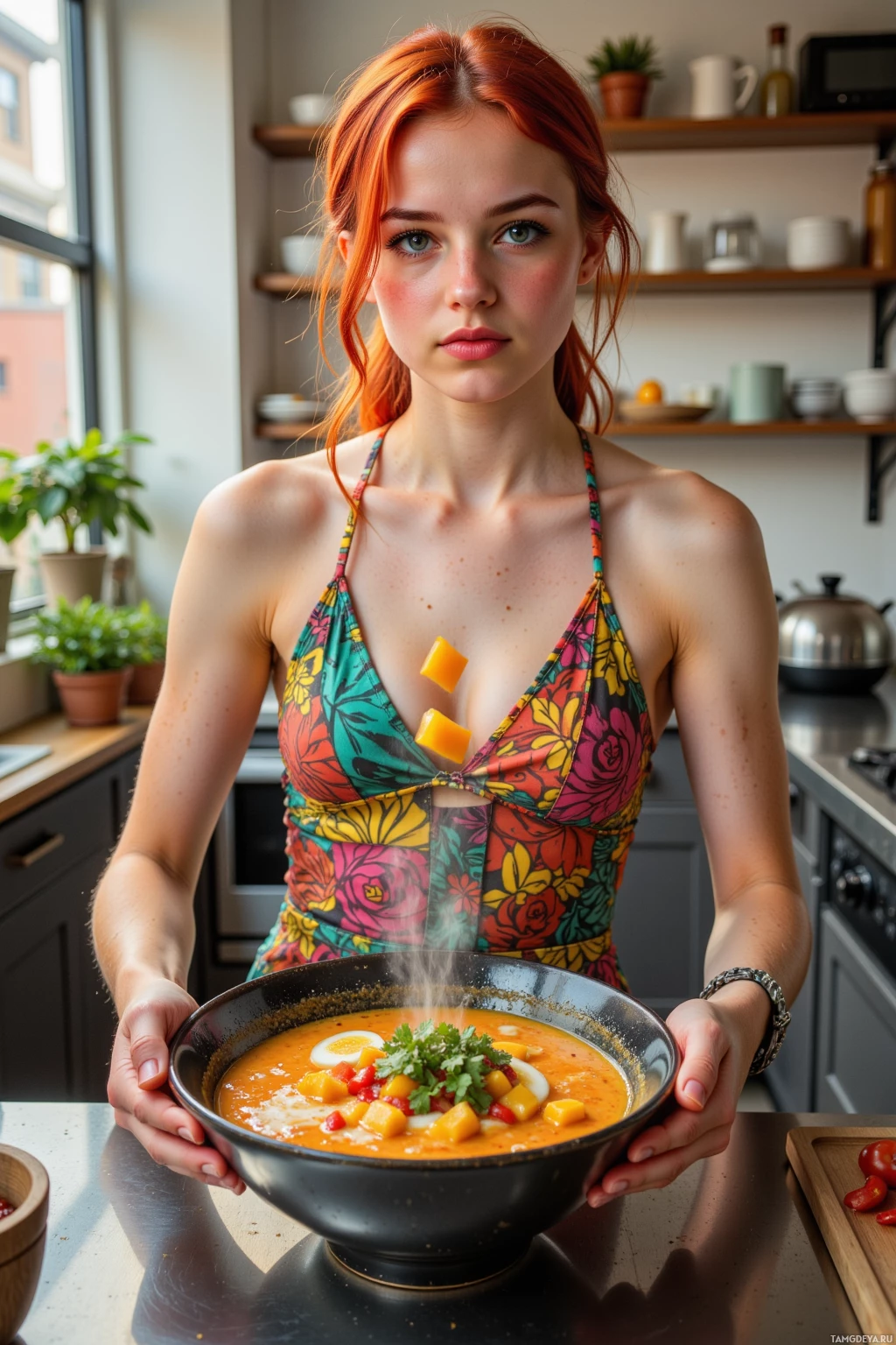A person holds a bowl of soup garnished with vegetables and herbs in a kitchen setting.