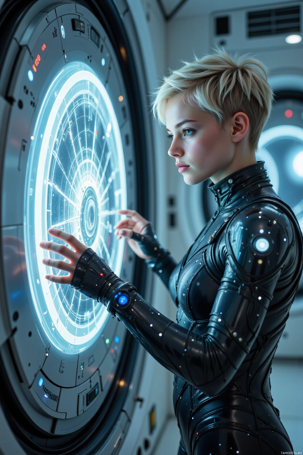 A person in a futuristic, black, form-fitting suit interacts with a large, illuminated, circular interface.