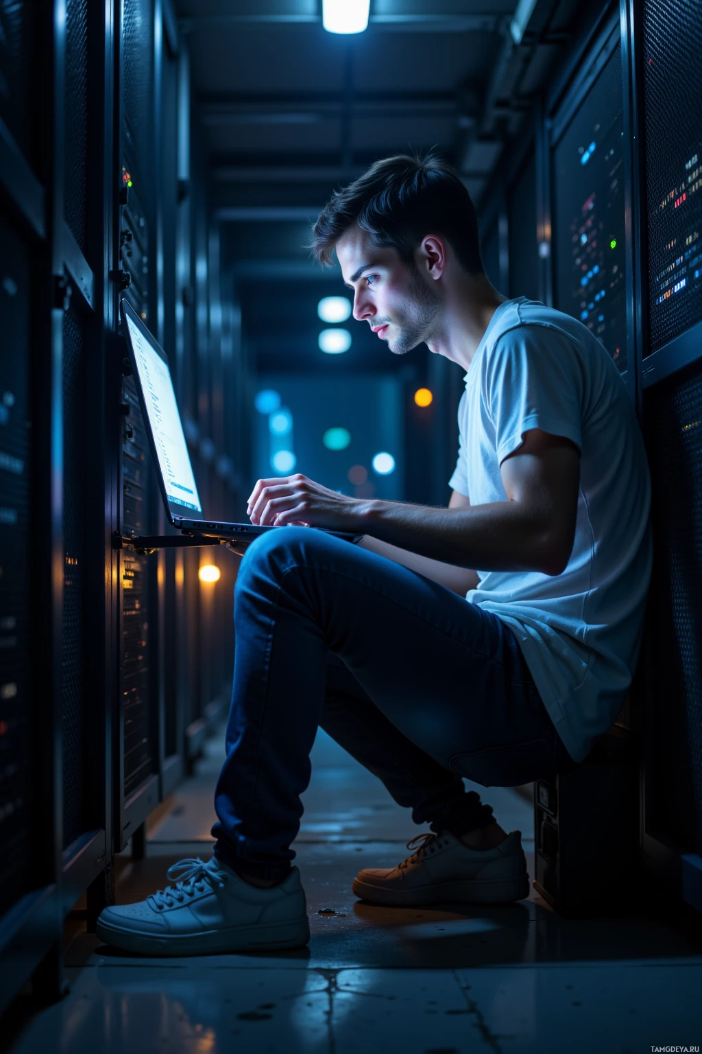 A person is sitting in a server room, working on a laptop.