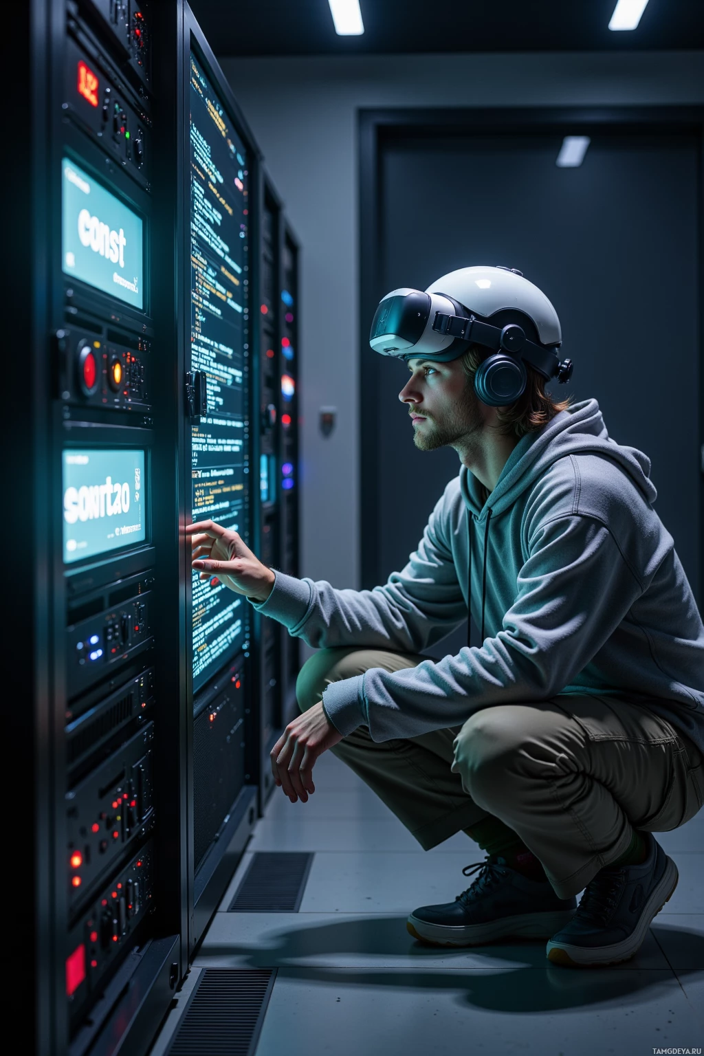 A person wearing a VR headset and headphones is crouching in front of a server rack in a dimly lit room.