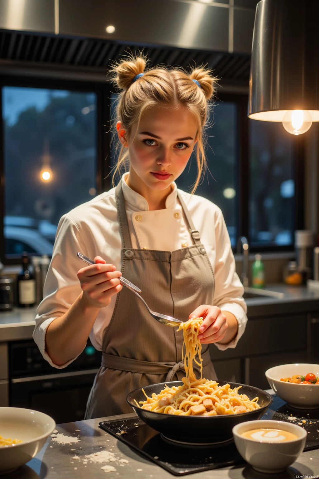 A person in a chef's uniform is holding a spoon with spaghetti, standing in a kitchen.