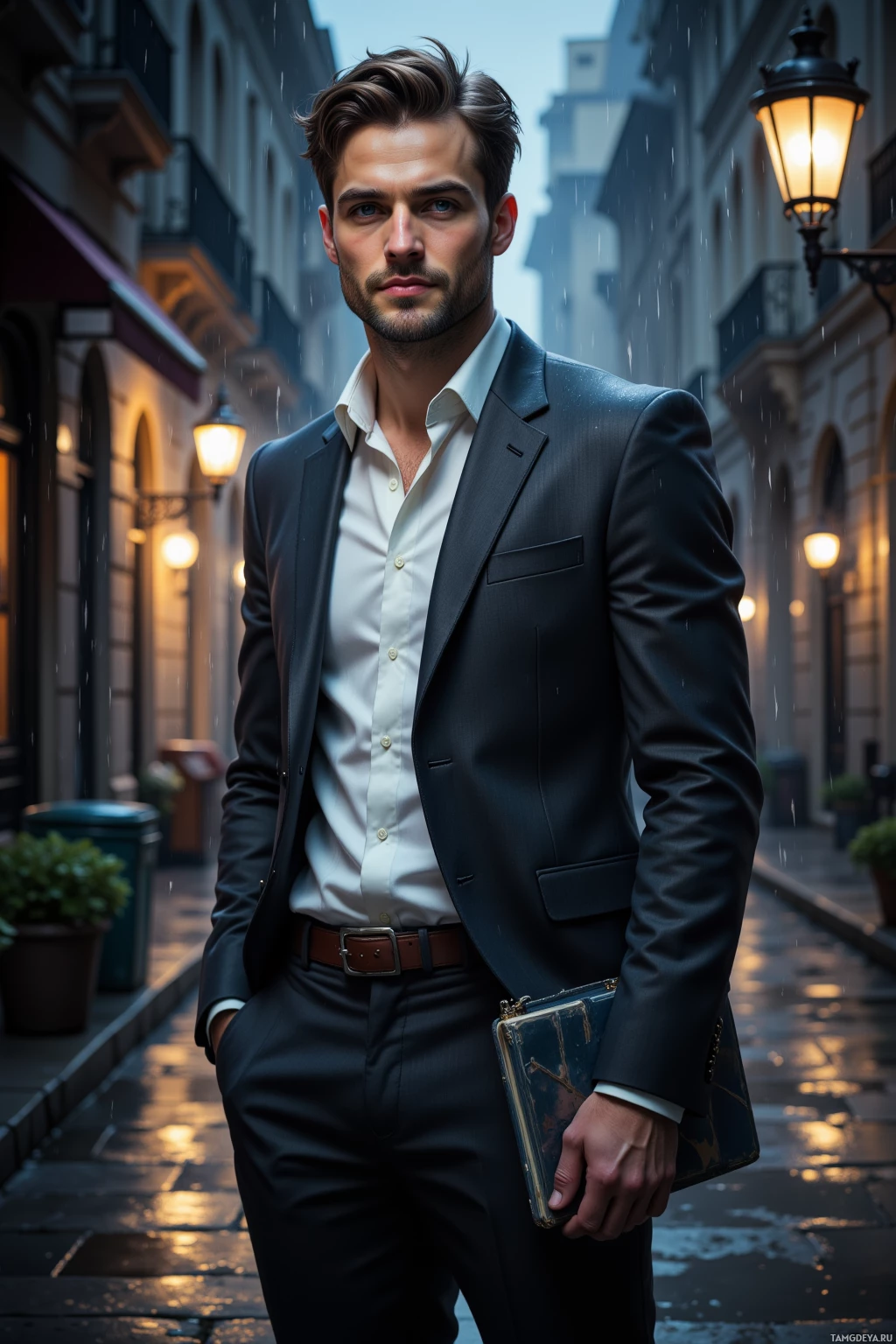 A man in a suit stands on a rainy street, holding a briefcase.