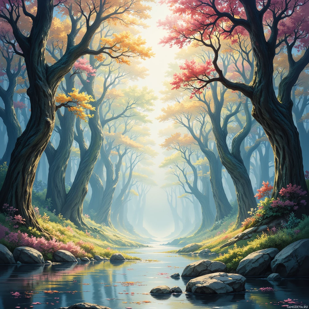 A serene forest scene with tall trees, colorful foliage, and a calm river.