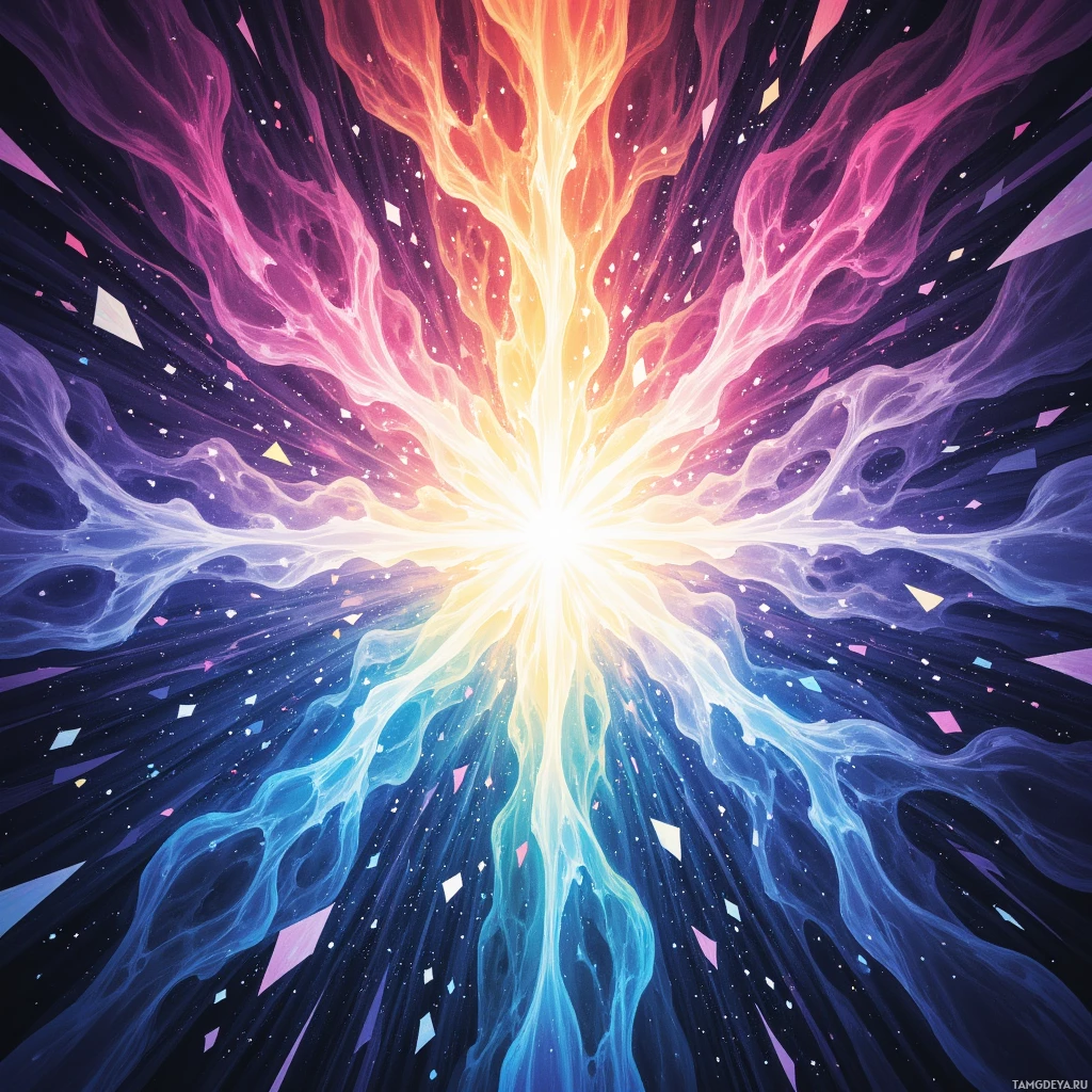 A vibrant cosmic explosion with radiant colors and dynamic energy radiating outward.
