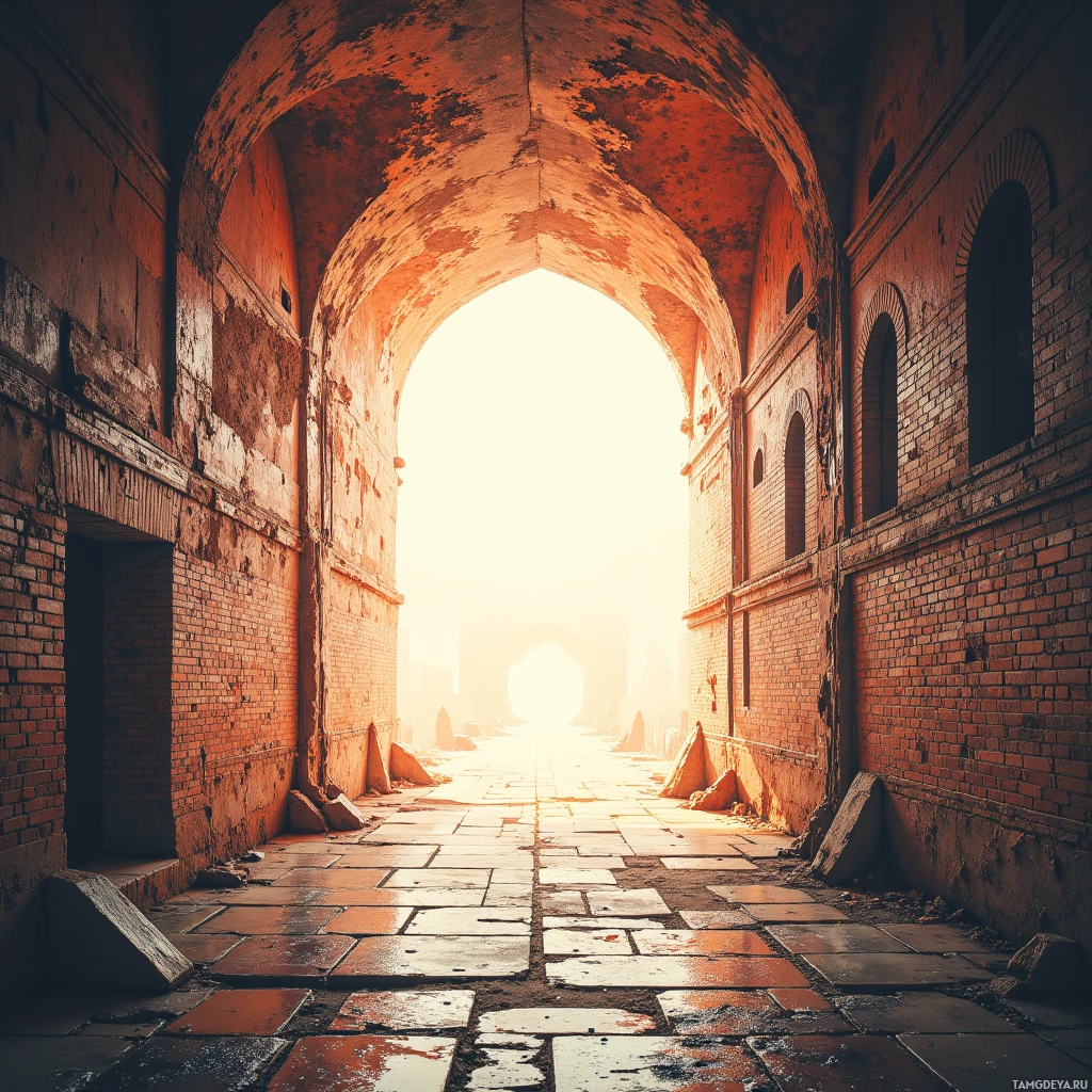 A sunlit, weathered archway leads to a bright, open sky in an old brick building.