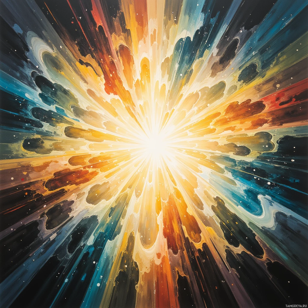 A vibrant cosmic explosion with radiating colors and star-like specks.