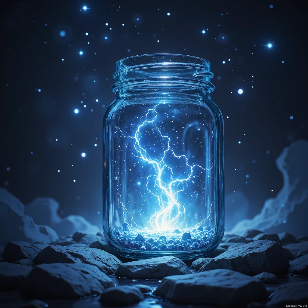 A glass jar containing a glowing lightning bolt stands on rocks against a starry night sky.