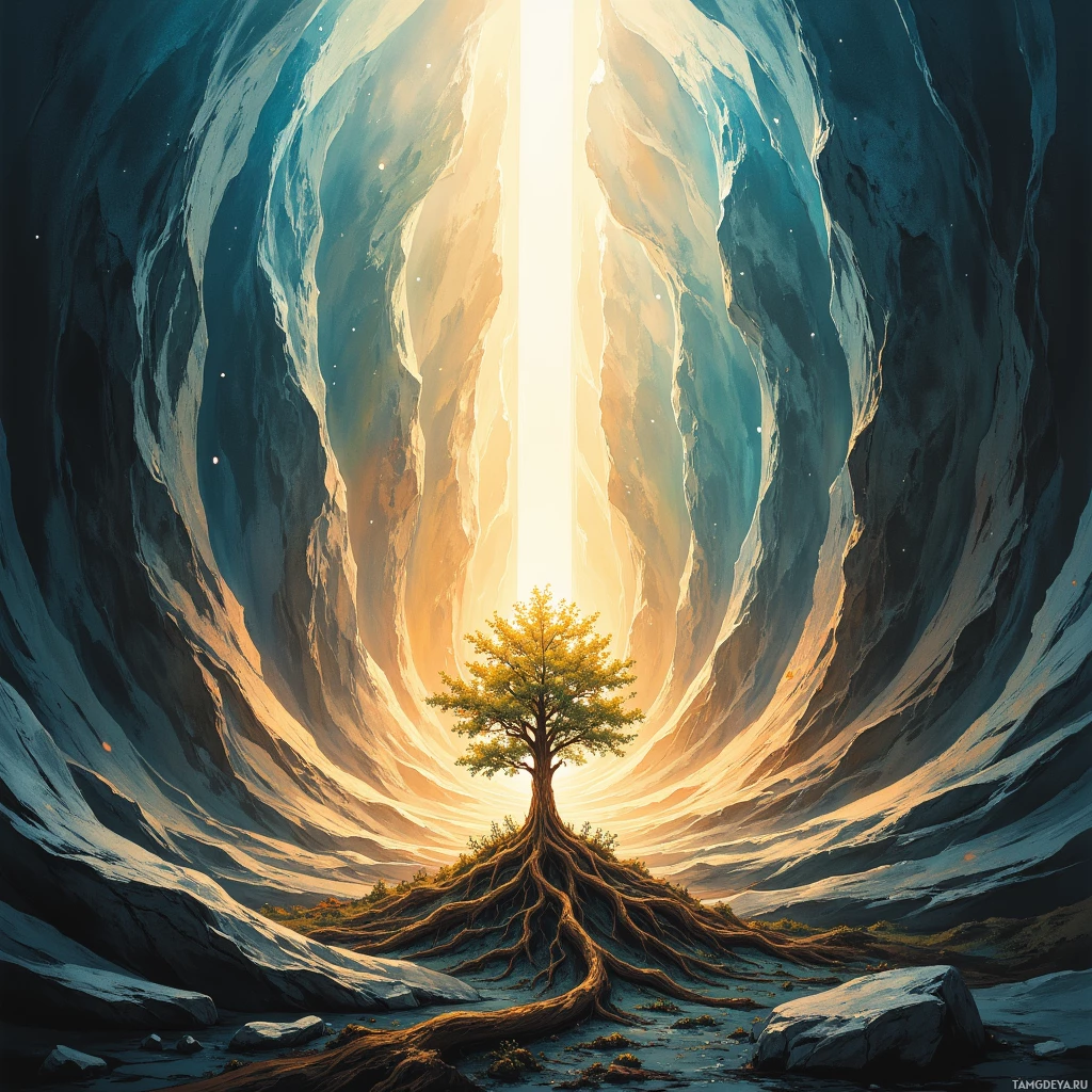 A lone tree stands at the base of a towering, sunlit canyon.