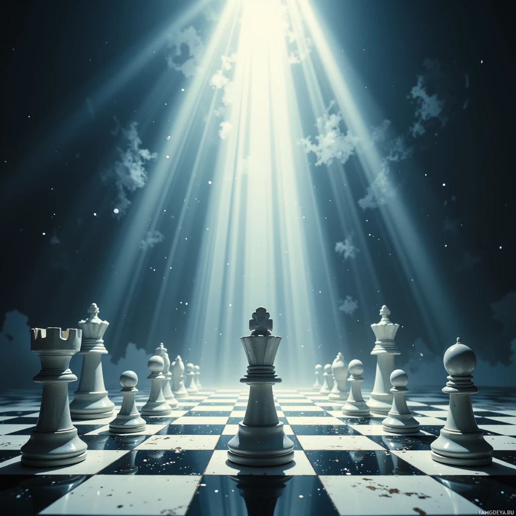 A chessboard with white pieces under beams of light and a starry sky.