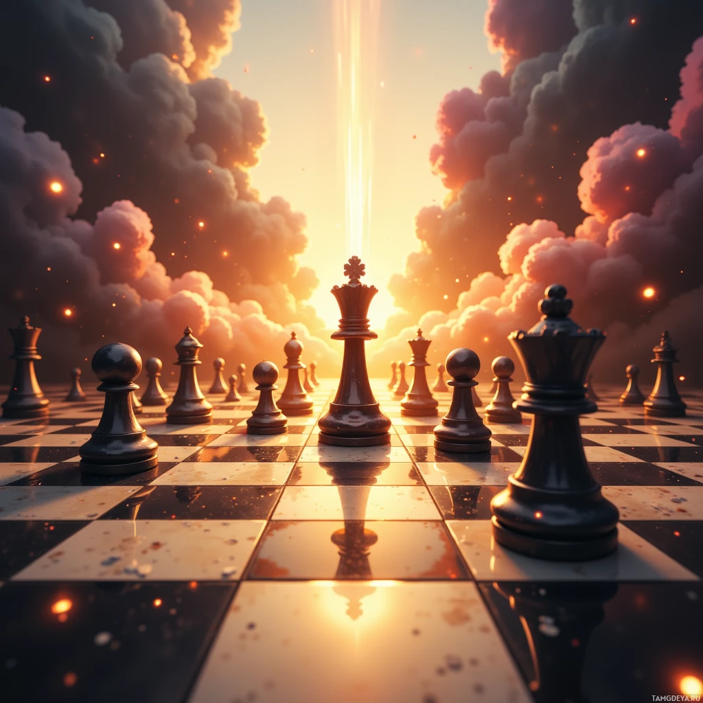 A chessboard with pieces arranged on a reflective surface, set against a backdrop of dramatic clouds and a radiant light source.