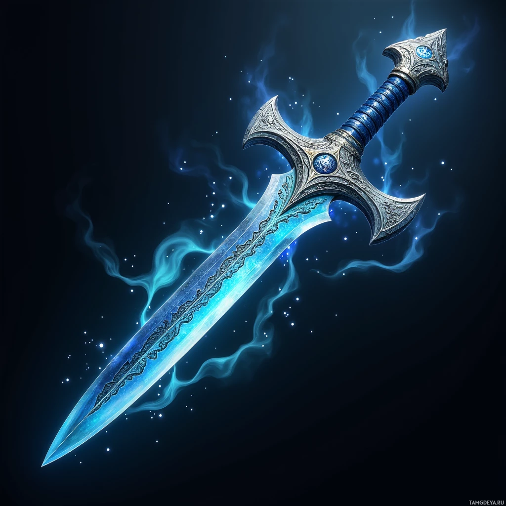 A glowing blue sword with intricate designs and a gem at its hilt is depicted against a dark background.