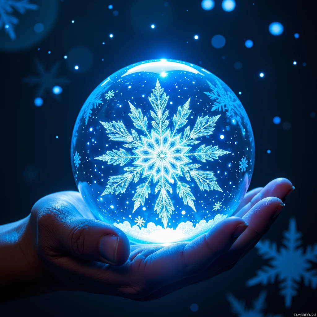 A hand holds a glowing crystal ball with intricate snowflake patterns against a dark, starry background.