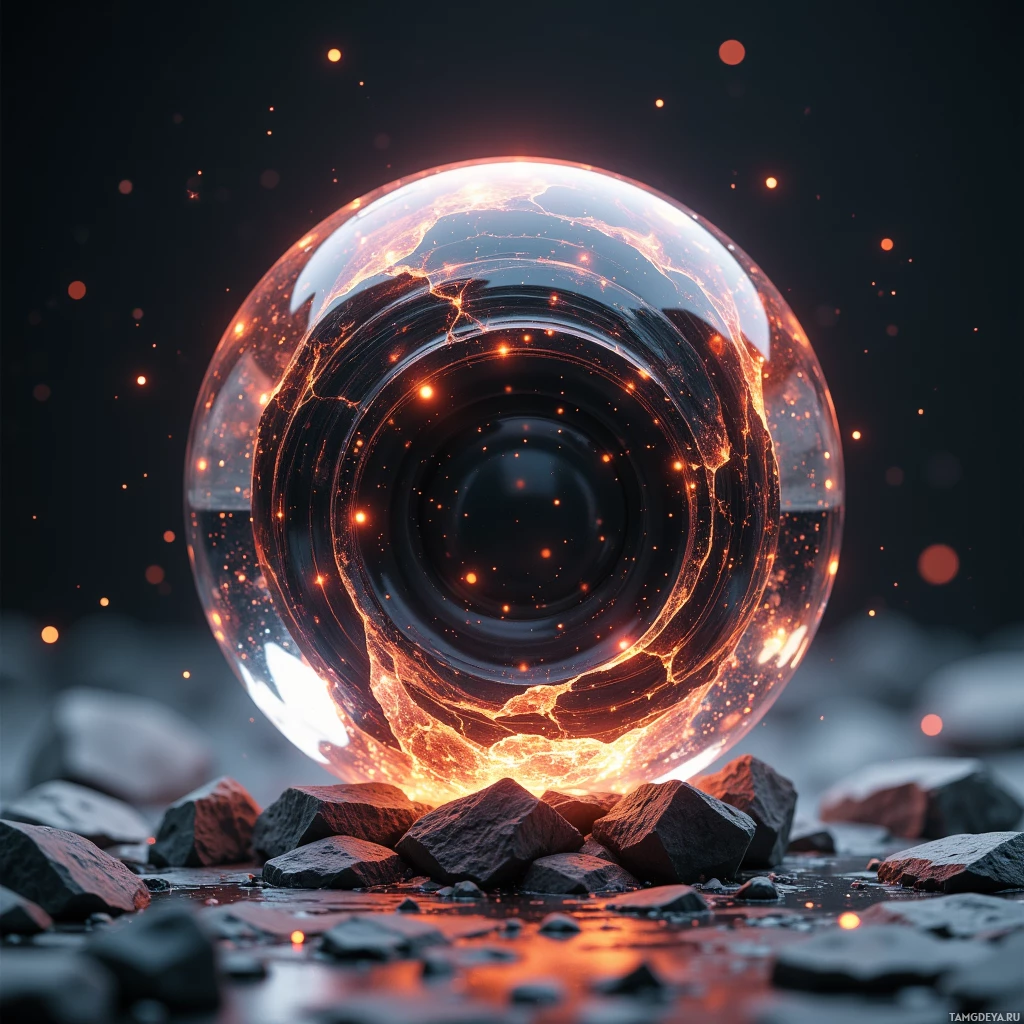 A glowing, fiery sphere with a cracked surface rests on rocky ground.