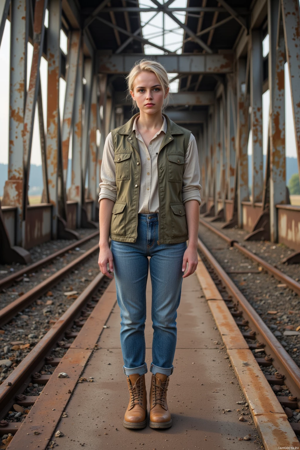 A person stands on a railway bridge wearing jeans, boots, and a vest over a shirt.