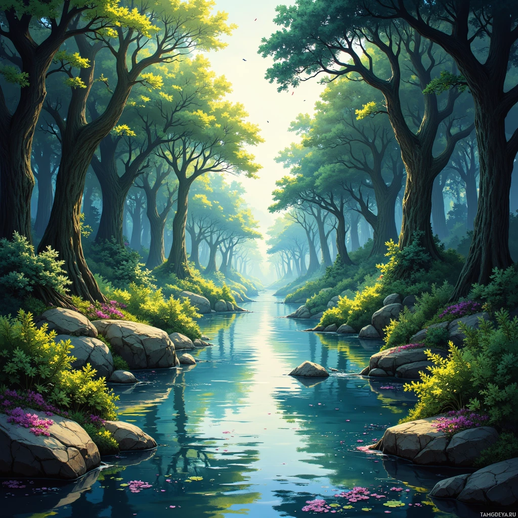 A serene forest scene with a calm river, lush greenery, and dappled sunlight filtering through the trees.