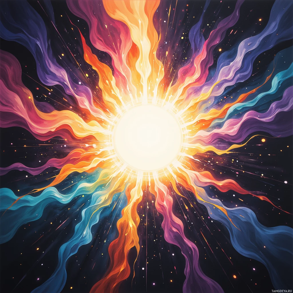 A vibrant cosmic explosion with swirling colors and radiant light.