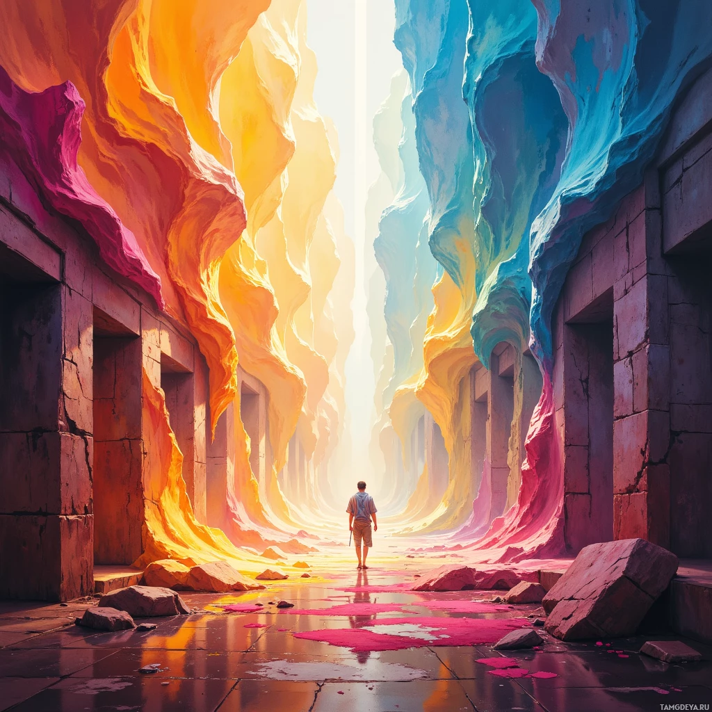 A person stands at the entrance of a vibrant, colorful tunnel with walls in shades of orange, yellow, blue, and pink.
