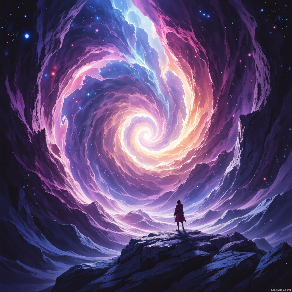 A person stands on a rocky outcrop, gazing into a swirling, cosmic vortex.