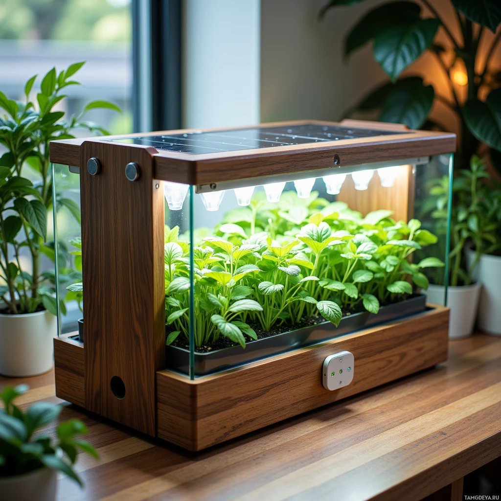 A wooden indoor grow box with plants and a solar panel on top sits on a wooden table.