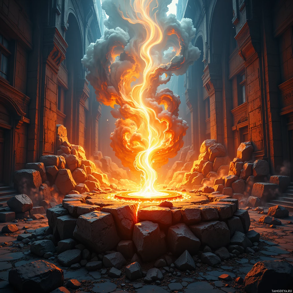 A fiery explosion erupts from a stone platform amidst ancient ruins.
